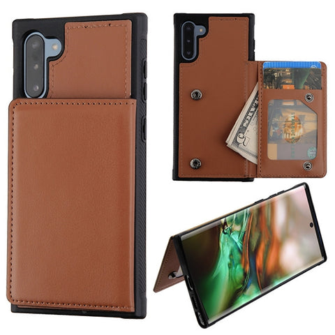 For Samsung Galaxy Note 10 (6.3) Credit Card Wallet Back Storage Invisible Pocket PU Leather Hard PC TPU Hybrid Brown Phone Case Cover