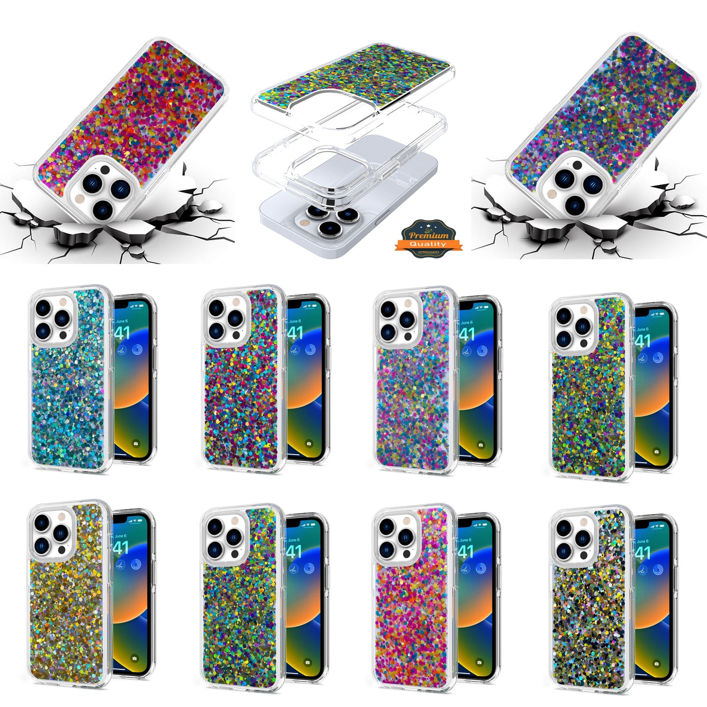 For Apple iPhone 14 Plus (6.7") Colorful Glitter Bling Sparkle Epoxy Glittering Shining Hybrid Hard TPU Shockproof  Phone Case Cover