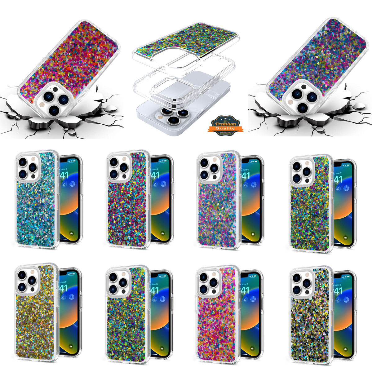 For Apple iPhone 14 Pro Max (6.7") Colorful Glitter Bling Sparkle Epoxy Glittering Shining Hybrid Hard Shockproof  Phone Case Cover