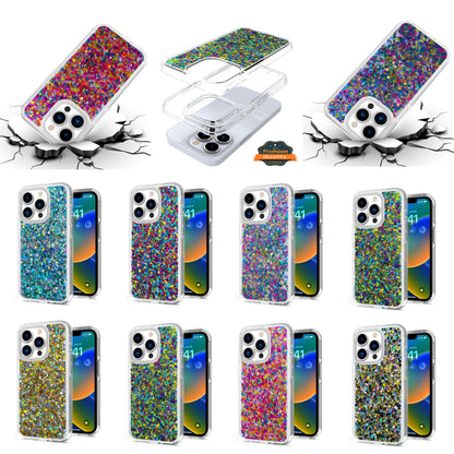 For Apple iPhone 14 Pro Max (6.7") Colorful Glitter Bling Sparkle Epoxy Glittering Shining Hybrid Hard Shockproof  Phone Case Cover