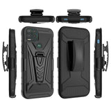 For Cricket Ovation 2 Premium 3 in 1 Rugged Swivel Belt Clip Holster Heavy Duty Tuff Hybrid Armor Rubber TPU with Kickstand Stand Black Phone Case Cover