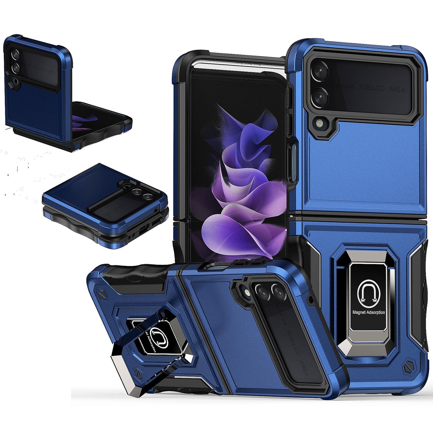 For Samsung Galaxy Z Flip 4 5G Hybrid Cases with Magnetic Ring Holder Kickstand Heavy Duty Rugged Silicone Shockproof  Phone Case Cover