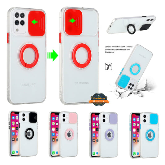 For Apple iPhone 13 Mini (5.4") Transparent Cases with Ring Stand & Camera Window, Slide Lens Protection Hybrid Shockproof  Phone Case Cover