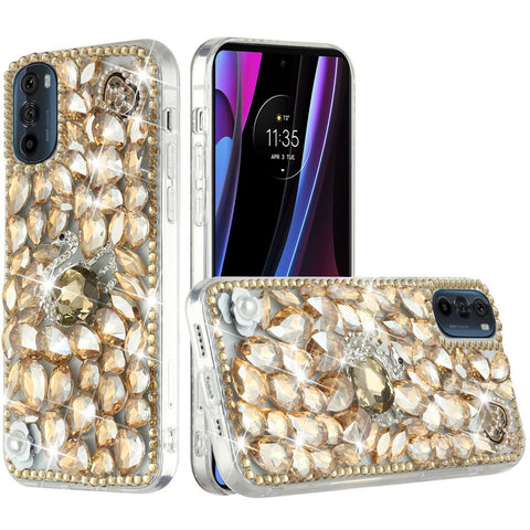 For Motorola Edge+ 2022 /Edge Plus Bling Clear Crystal 3D Full Diamonds Luxury Sparkle Rhinestone Hybrid Protective Gold Swan Crown Pearl Phone Case Cover