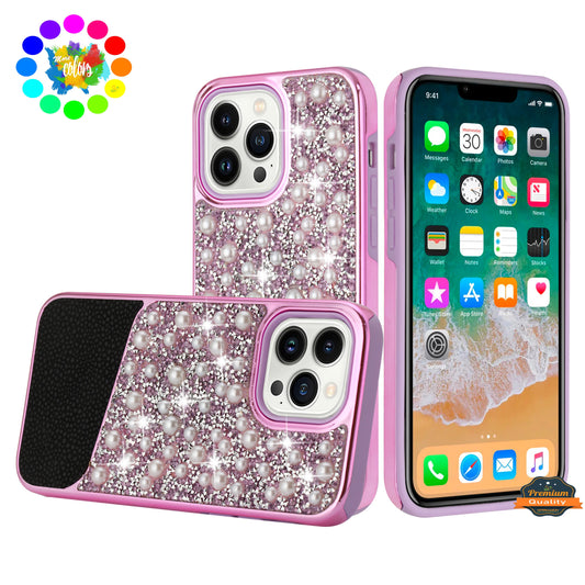 For Apple iPhone 13 Pro Max (6.7") Bling Pearl Diamonds Design Glitter Hybrid Hard TPU Shiny Protective Rubber Frame  Phone Case Cover