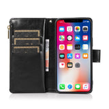 For OnePlus 10T 5G Leather Zipper Wallet Case 9 Credit Card Slots Cash Money Pocket Clutch Pouch with Stand & Strap Black Phone Case Cover