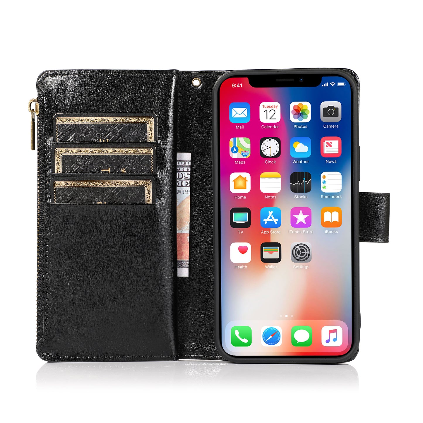 For Samsung Galaxy Note 20 Ultra Leather Zipper Wallet Case 9 Credit Card Slots Cash Money Pocket Clutch Pouch Stand Black Phone Case Cover