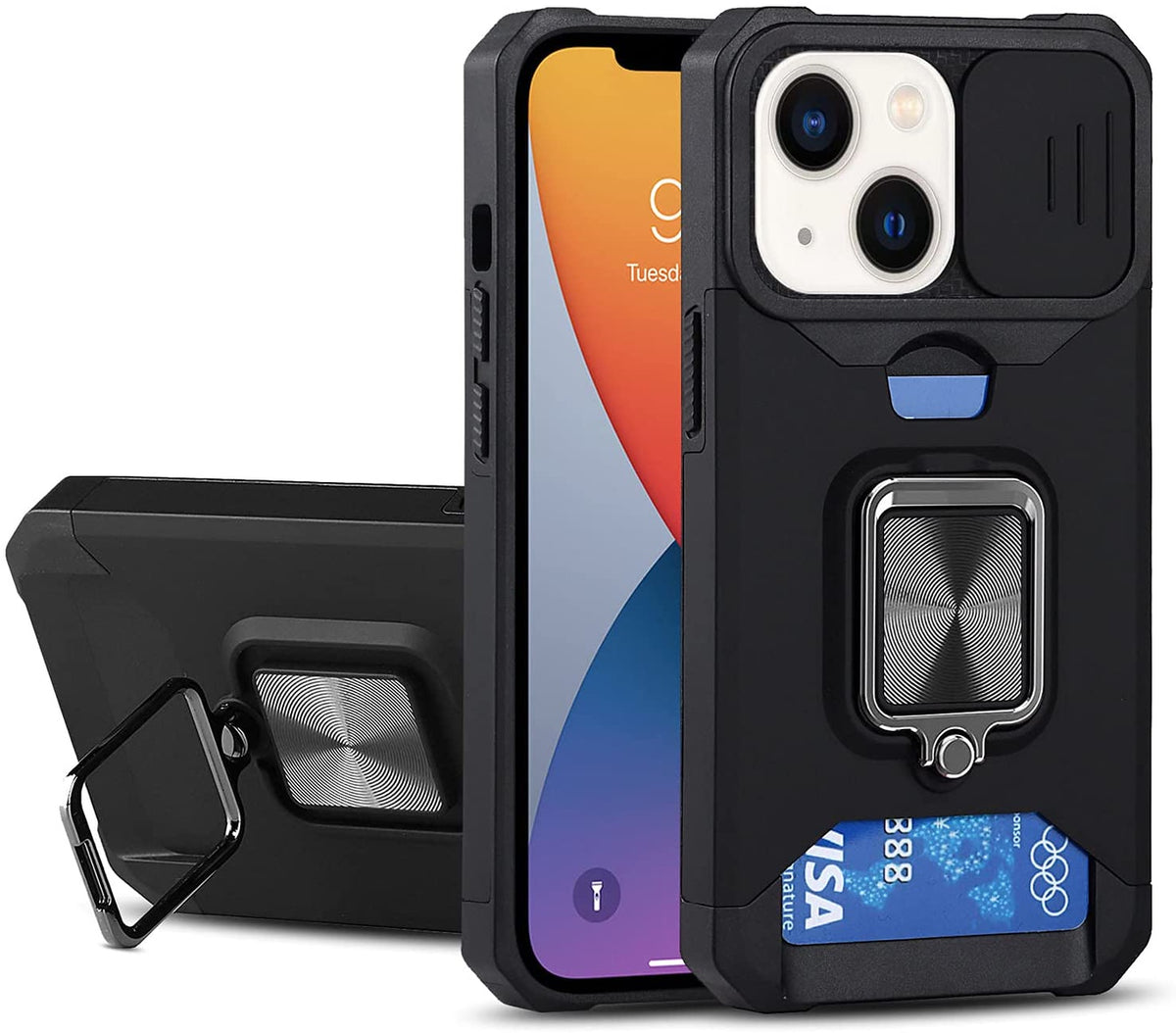 For Apple iPhone 13 /Pro /Mini Wallet Case Designed with Slide Camera Protection, Card Slot & Ring Kickstand Magnetic Car Mount  Phone Case Cover