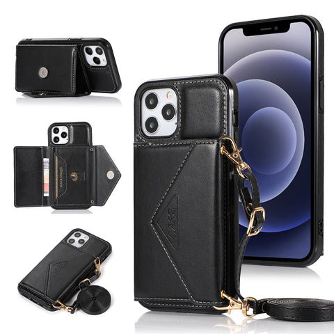 For Apple iPhone SE 3 (2022) SE/8/7 Wallet Case Credit Card ID Holder Lanyard Detachable Neck Strap Flip PU Leather Slim Black Phone Case Cover