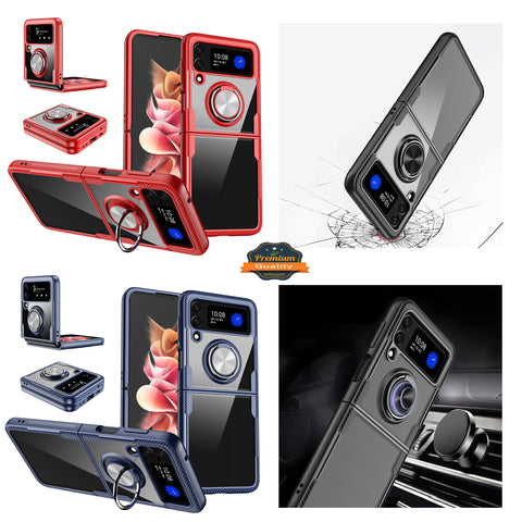 For Samsung Galaxy Z Flip 3 5G Clear Silicone Shockproof Tuff Hybrid Protection Cover Transparent TPU with Magnetic Ring Kickstand  Phone Case Cover