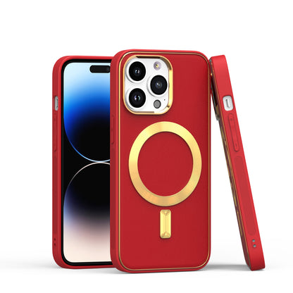 For Apple iPhone 14 Pro Max (6.7") Ultimate PU Leather Hybrid with MagSafe Compatible Bumper Gold Frame Protection  Phone Case Cover
