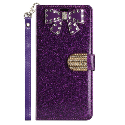 For Apple iPhone XR Wallet Bow Glitter Bling Ornament Shimmer with Credit Card Slot Pocket & Lanyard Strap  Phone Case Cover