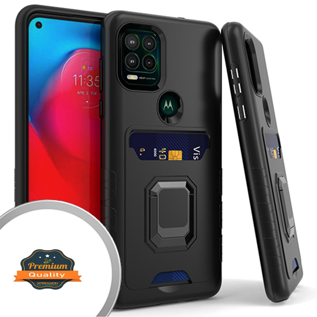 For Motorola Moto G Stylus 2021 5G Version Wallet Credit Card Slot Holder with Metal Ring Kickstand Heavy Duty Shockproof Hybrid Dual Layer Magnetic Stand  Phone Case Cover