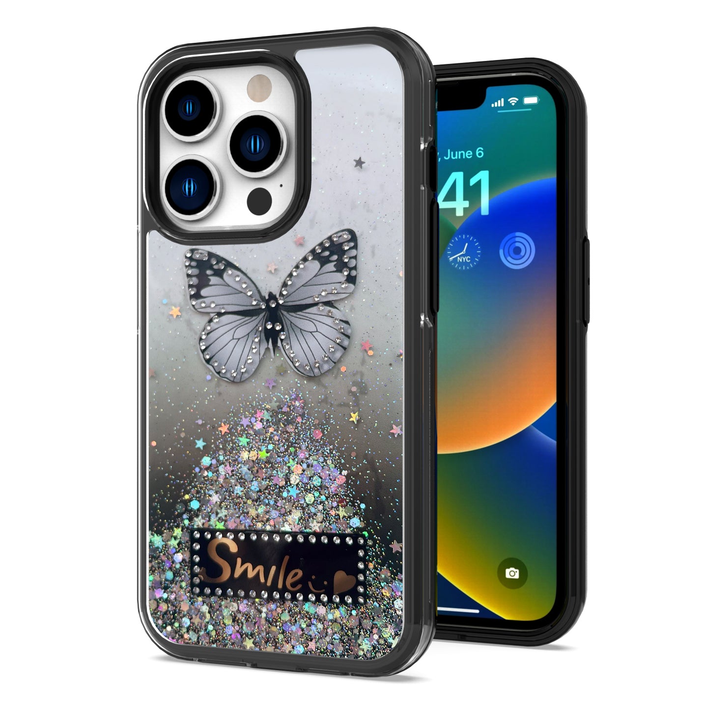 For Apple iPhone 14 /Plus Pro Max Butterfly Smile Glitter Bling Sparkle Epoxy Glittering Shining Hybrid Hard PC TPU Slim  Phone Case Cover