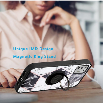 For Motorola Moto G 5G 2022 Marble Design with Magnetic Ring Kickstand Holder Hybrid TPU Hard PC Shockproof Armor Classy Black Phone Case Cover
