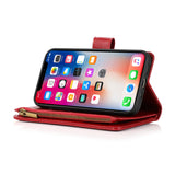 For Nokia C100 Luxury Leather Zipper Wallet Case 9 Credit Card Slots Cash Money Pocket Clutch Pouch with Stand & Strap Red Phone Case Cover