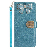For Apple iPhone 13 Pro Max (6.7") Wallet Bow Glitter Bling Ornament Shimmer with Credit Card Slot Pocket & Lanyard  Phone Case Cover