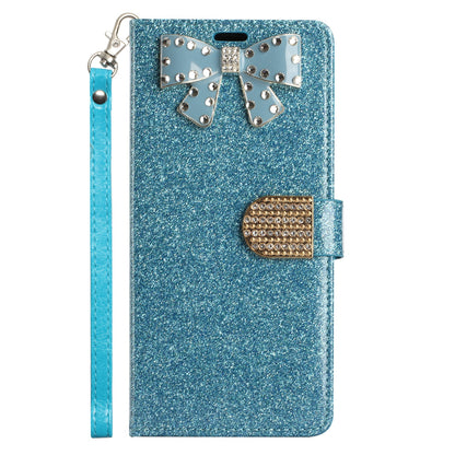 For Apple iPhone XR Wallet Bow Glitter Bling Ornament Shimmer with Credit Card Slot Pocket & Lanyard Strap  Phone Case Cover