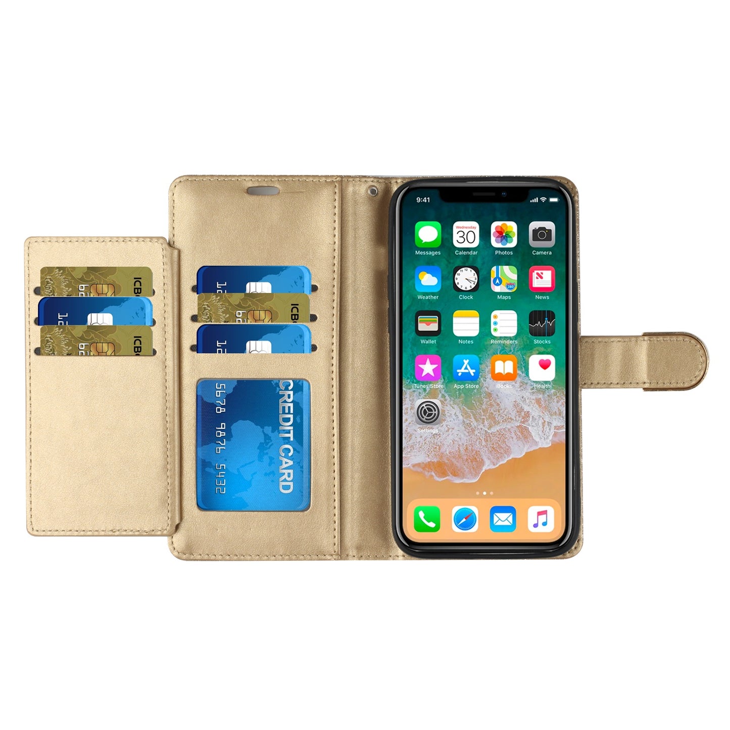 For Apple iPhone 14 Pro (6.1") Wallet Bow Glitter Bling Ornament Shimmer with Credit Card Slot Pocket & Lanyard Strap  Phone Case Cover