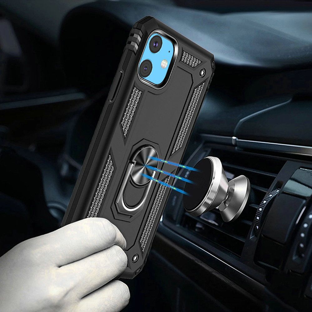 For Samsung Galaxy Note 10 Military Grade Rugged Dual Layers 2in1 Hard PC + TPU Shockproof Hybrid with Ring Kickstand Black Phone Case Cover