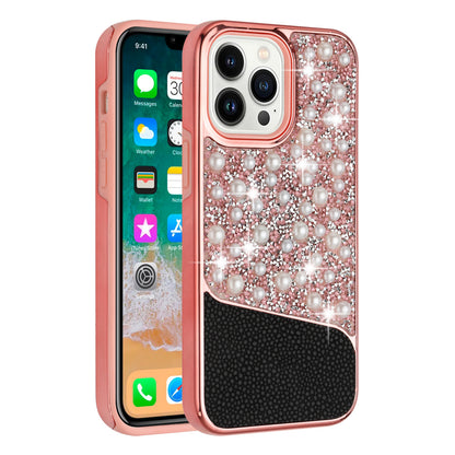 For Apple iPhone 14 Pro (6.1") Bling Pearl Diamonds Design Glitter Hybrid Thick Hard TPU Shiny Protective Rubber Frame  Phone Case Cover