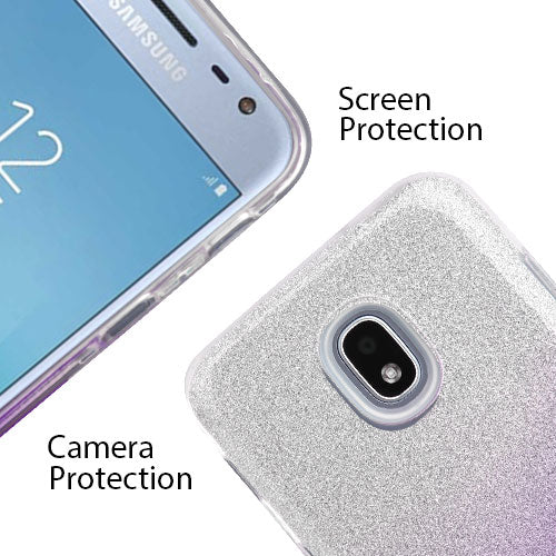For Samsung Galaxy J3 V /J3 3rd Gen /Galaxy Express Prime 3 Glitter Stylish Design Hybrid Rubber TPU Hard PC Shockproof Armor Rugged Purple Silver Phone Case Cover