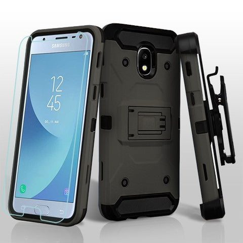 For Samsung Galaxy J3 V /J3 3rd Gen /Galaxy Express Prime 3 Hybrid Armor with Belt Clip Holster Kickstand Hard Shockproof + Screen Protector Gray Phone Case Cover