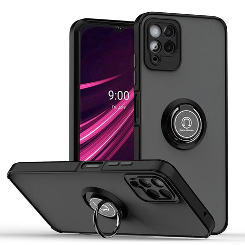 For T-Mobile Revvl 6 Pro 5G Hybrid Frosted Matte Hard Back PC + TPU Frame with Magnetic Ring Holder Stand Kickstand Black Phone Case Cover