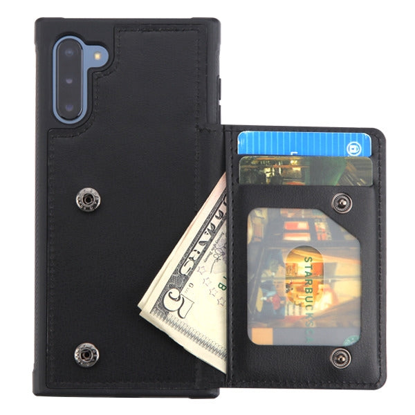 For Samsung Galaxy Note 10 (6.3) Credit Card Wallet Back Storage Invisible Pocket PU Leather Hard PC TPU Hybrid Black Phone Case Cover