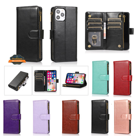 For Samsung Galaxy A71 5G Leather Zipper Wallet Case 9 Credit Card Slots Cash Money Pocket Clutch Pouch with Stand & Strap  Phone Case Cover
