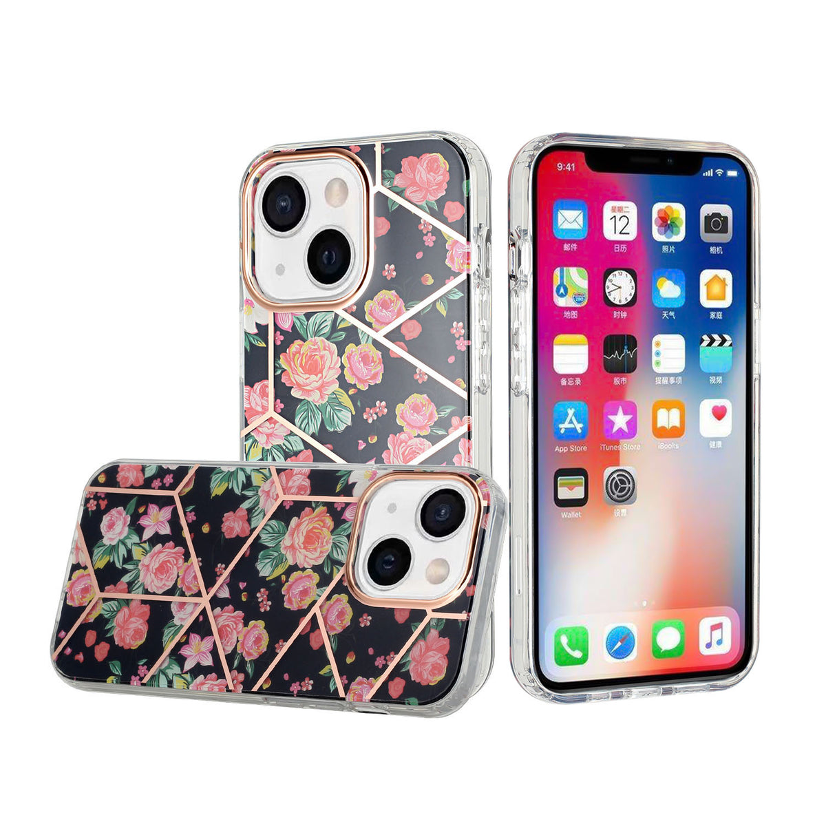 For Apple iPhone 14 Pro (6.1") Fashion Floral IMD Design Flower Pattern Hybrid Protective Hard Rubber TPU Back  Phone Case Cover
