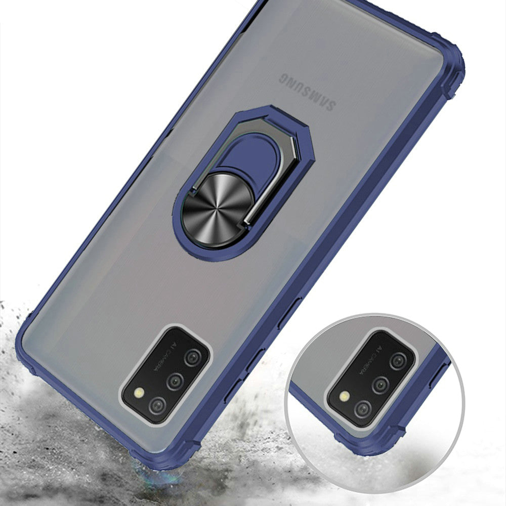 For Samsung Galaxy A02S Clear Silicone Shockproof Tuff Hybrid Protection Cover Transparent TPU with Magnetic Ring Kickstand Blue Phone Case Cover