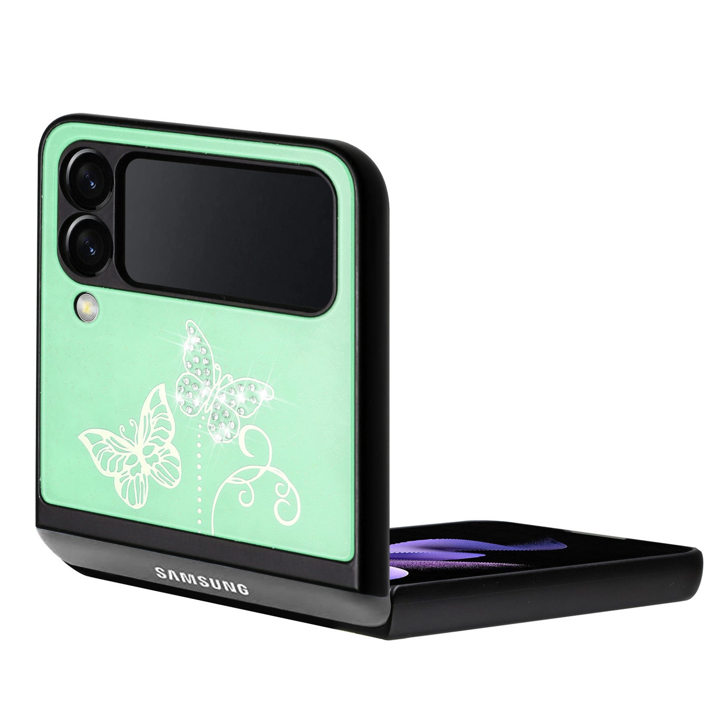 For Samsung Galaxy Z Flip 4 5G 3D Diamond Bling Sparkly Glitter Ornaments Engraving Hybrid Metal Fashion Teal Garden Butterflies Phone Case Cover