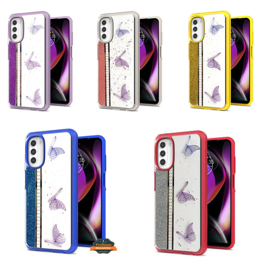 For Apple iPhone 14 /Plus Pro Max Butterflies Design Bling Glitter Shockproof Hybrid TPU Frame and Hard Back Slim  Phone Case Cover
