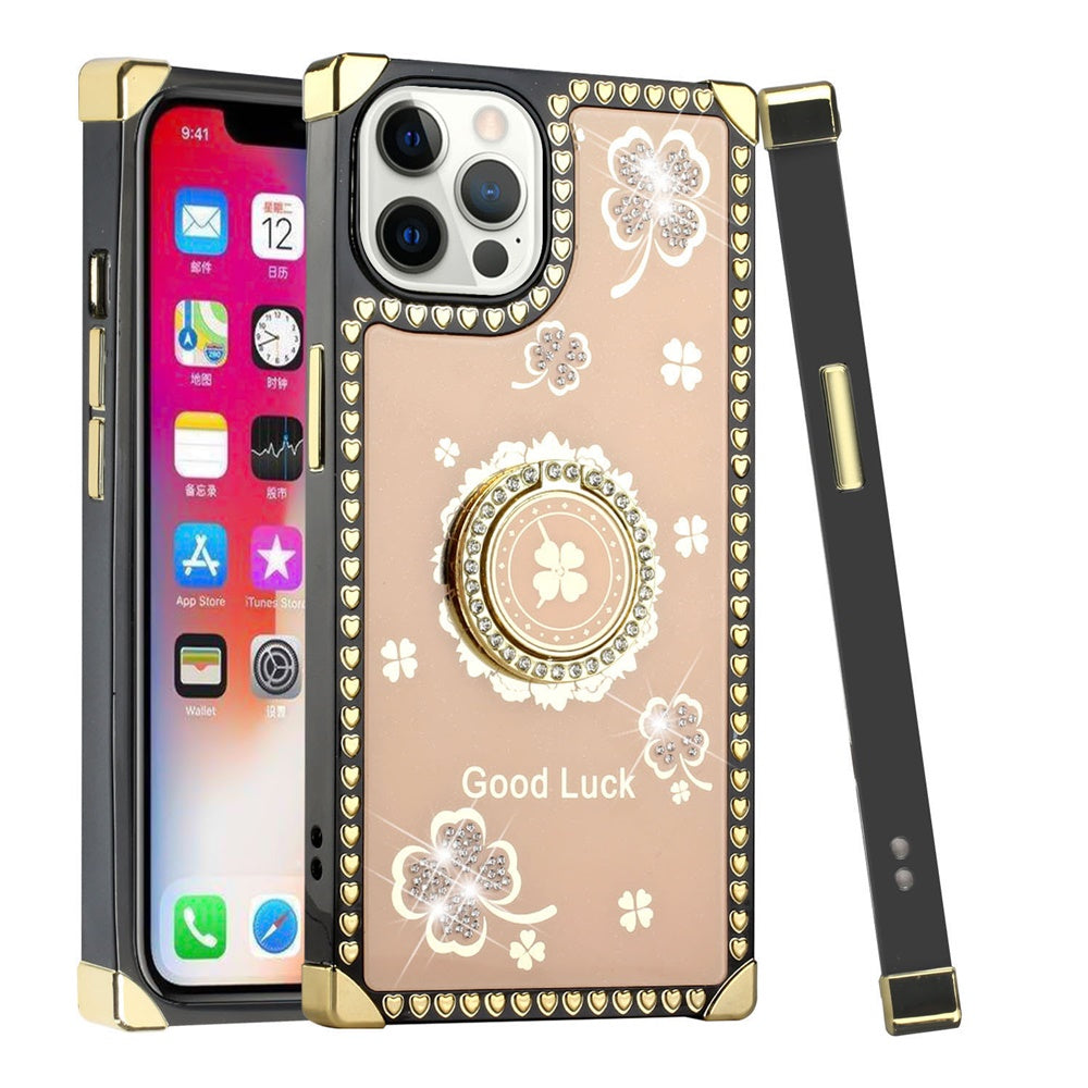 For Apple iPhone 13 (6.1") Fashion Art Square Hearts Diamond Bling Sparkly Glitter Ornaments with Ring Stand  Phone Case Cover