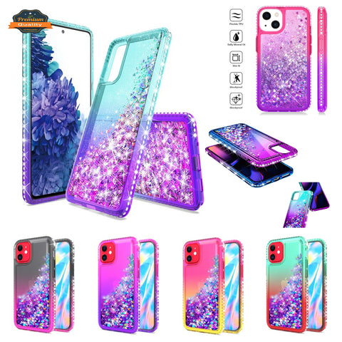 For Apple iPhone 13 Pro Max (6.7") Gradient Quicksand Glitter Flowing Liquid Floating Sparkly Bling Diamond TPU Rubber Hybrid  Phone Case Cover