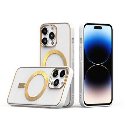 For Apple iPhone 14 Pro Max (6.7") Ultimate PU Leather Hybrid with MagSafe Compatible Bumper Gold Frame Protection  Phone Case Cover
