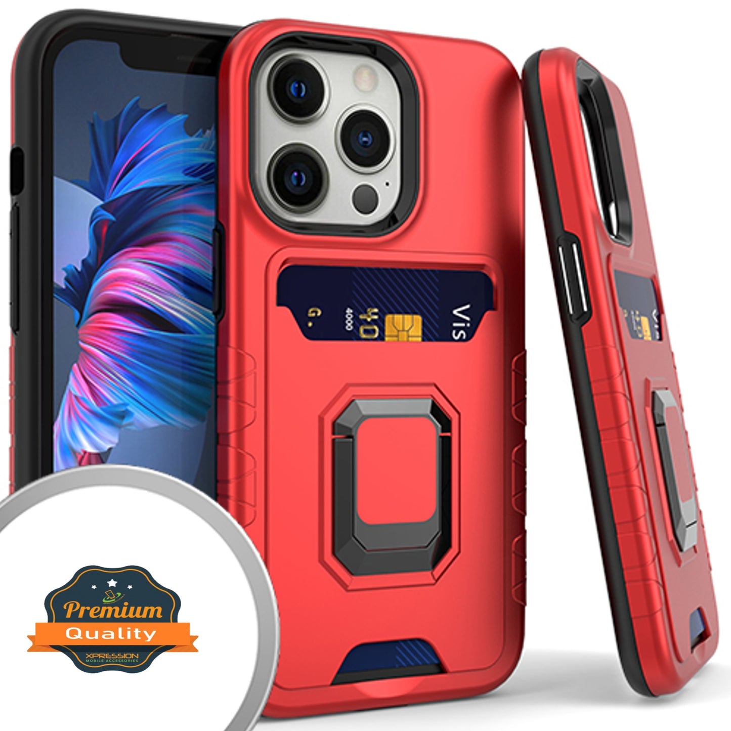 For Apple iPhone 14 (6.1") Wallet Credit Card Slot Holder with Metal Ring Kickstand Hybrid Dual Layer Magnetic Stand  Phone Case Cover