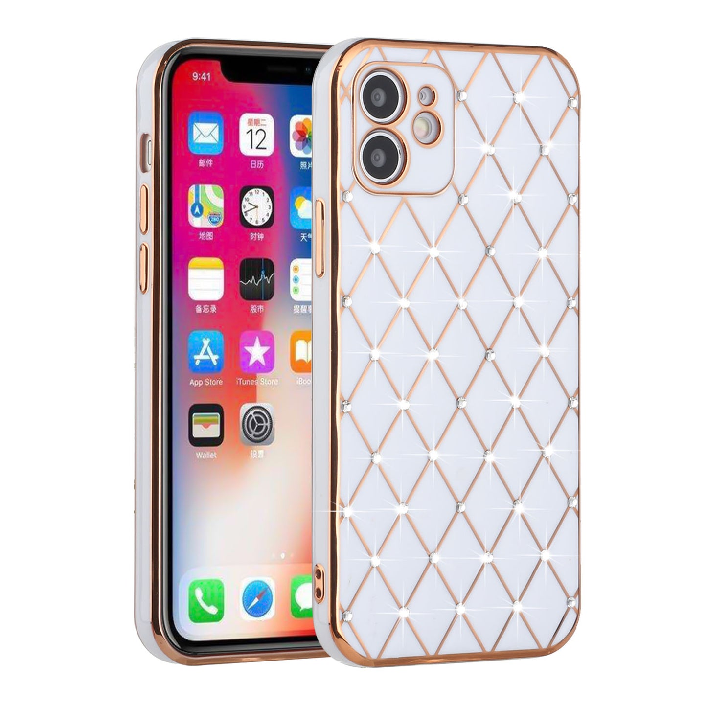 For Apple iPhone 14 Pro (6.1") Luxury Diamonds on Electroplated Grid Design Rhinestone Protective TPU Hard PC  Phone Case Cover
