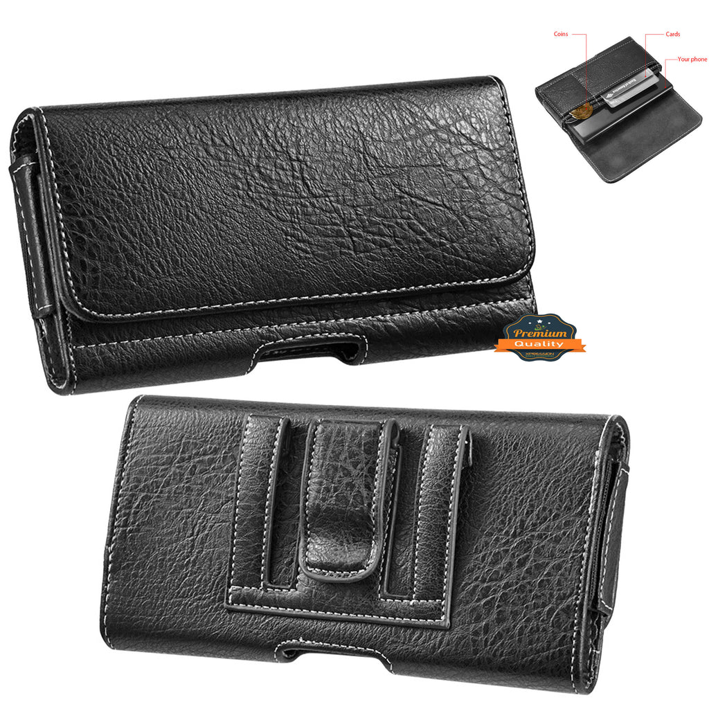 For Nokia C200 Universal Horizontal Cell Phone Leather Pouch Holster Carrying Case with Credit Card Slots & Belt Clip Loop (Size 5.7") [Black]