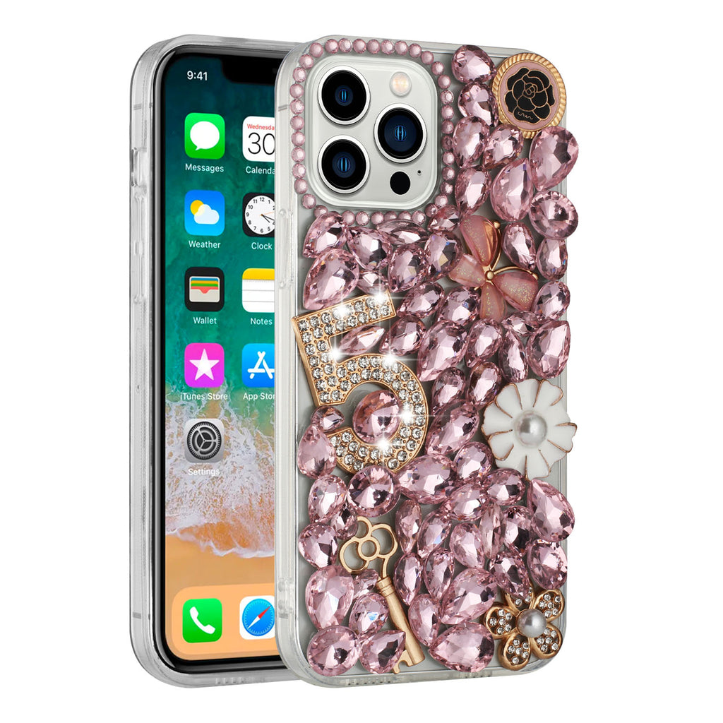 For Apple iPhone 8 Plus/7 Plus/6 6S Plus Bling 3D Full Diamonds Luxury Sparkle Rhinestone Hybrid Protective Pink Five Ornament Floral Phone Case Cover