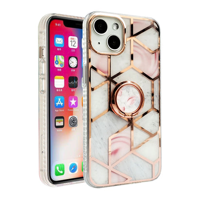 For Apple iPhone 14 Pro (6.1") Pattern Fashion Design Chromed Edge IMD with Ring Kickstand Hybrid TPU Hard Back  Phone Case Cover
