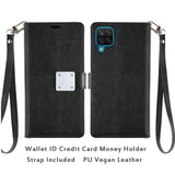 For Samsung Galaxy A02S Wallet Case PU Leather Credit Card ID Cash Holder Slot Dual Flip Pouch with Stand and Strap Black Phone Case Cover