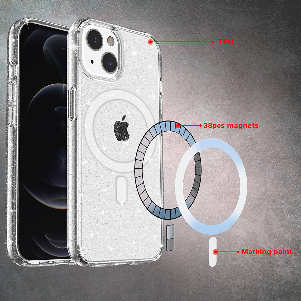 For Apple iPhone 14 Pro Max (6.7") Transparent Glitter Bling Sparkly Hybrid Hard PC TPU Grip Shockproof Compatible with MagSafe Purple Phone Case Cover