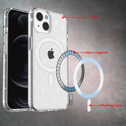 For Apple iPhone 14 Pro Max (6.7") Transparent Glitter Bling Sparkly Hybrid Hard PC TPU Grip Shockproof Compatible with MagSafe Purple Phone Case Cover