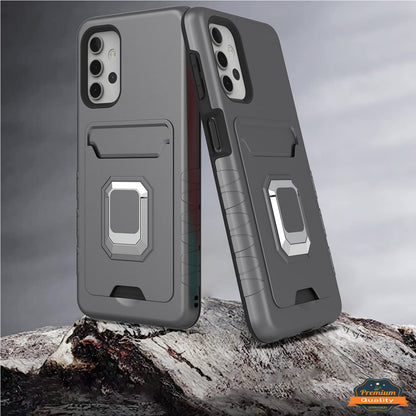 For Apple iPhone 14 (6.1") Wallet Credit Card Slot Holder with Metal Ring Kickstand Hybrid Dual Layer Magnetic Stand  Phone Case Cover