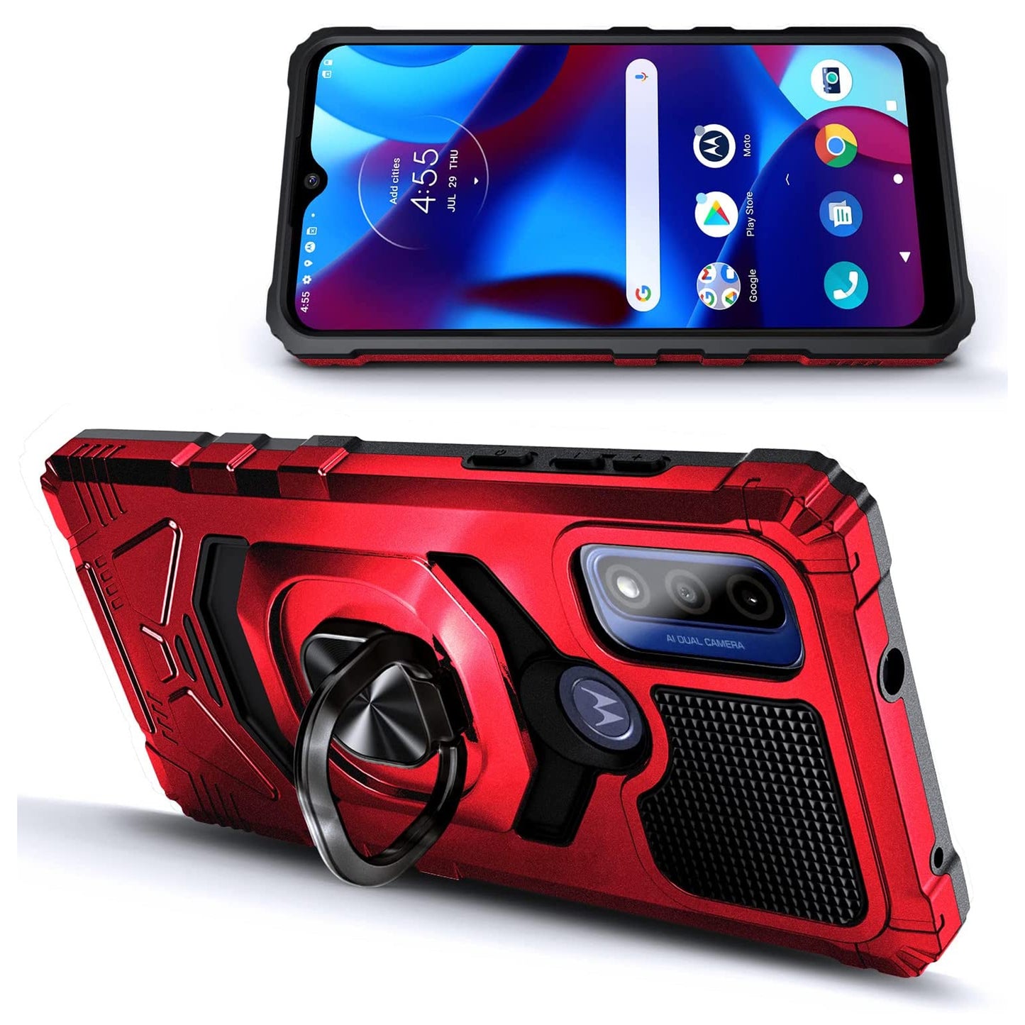 For Cricket Icon 4 Armor Hybrid Stand Ring Hard TPU Rugged Protective [Military-Grade] Magnetic Car Ring Holder Red
