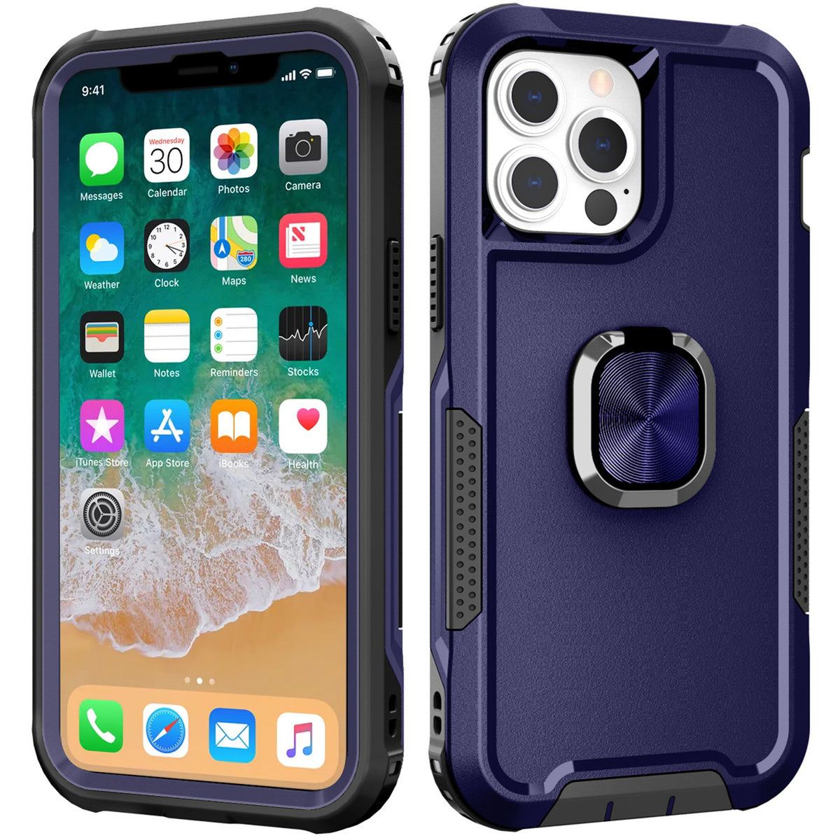 For Apple iPhone 14 (6.1") Heavy Duty 3in1 Magnetic Ring Kickstand Hybrid Shockproof Military-Grade Drop Protection  Phone Case Cover