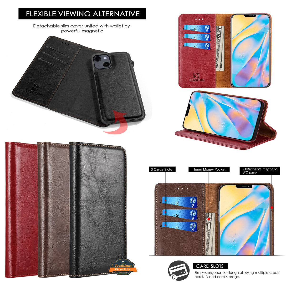 For Apple iPhone 14 /Plus Pro Max Leather Wallet Pouch Magnetic Detachable Card Slot Removable Flip Stand  Phone Case Cover