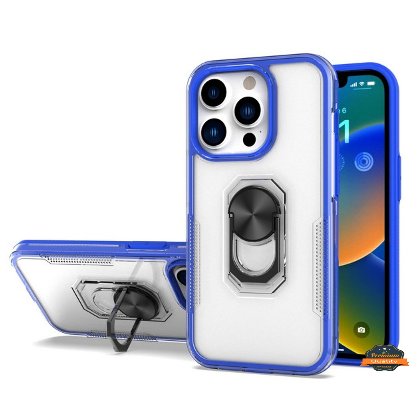 For Apple iPhone 14 /Plus Pro Max Transparent Hybrid PC Magnetic Ring Stand (Fit Car Mount) Detachable Frame  Phone Case Cover
